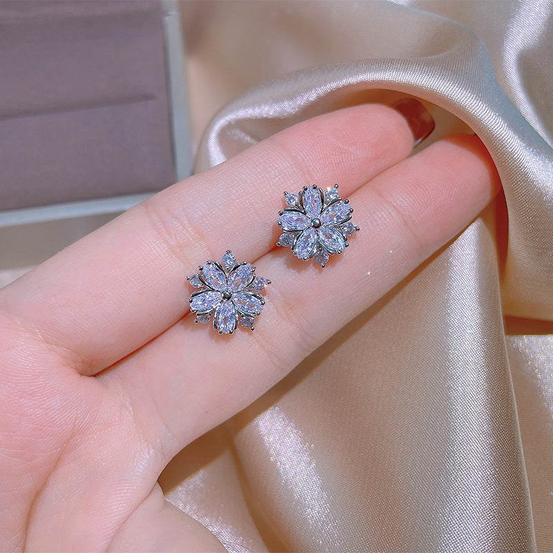 Fashion Jewelry Zircon Women Necklace Ring Double Layers Flower Cubic Zirconia Jewelry Shiny Simple All Match Stud Earrings Ring Necklace For Wedding