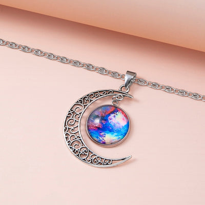 Galaxy Planet Star Glass Necklace Silver Hollow Moon Pendant Statement Necklaces For Women