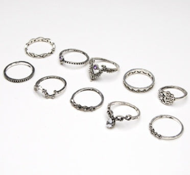 Purple Diamond Ring Set Hollow Twist Palm Crown Joint Combination 10 Pieces