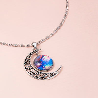 Galaxy Planet Star Glass Necklace Silver Hollow Moon Pendant Statement Necklaces For Women