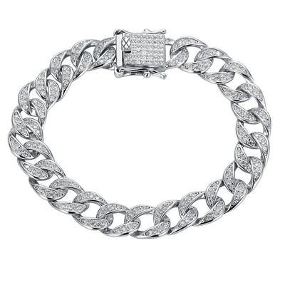 Sterling Silver Moissanite Cuban Link Chain Bracelet Full Diamond