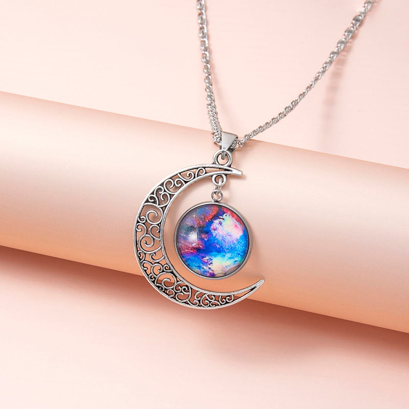 Galaxy Planet Star Glass Necklace Silver Hollow Moon Pendant Statement Necklaces For Women