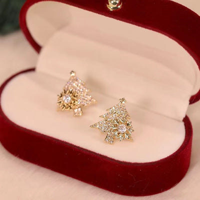 Rotatable Christmas Tree Earrings Shiny Rhinestone Snowflake Stud Earring New Year Xmas Festival Ear Jewelry Gifts Autumn And Winter