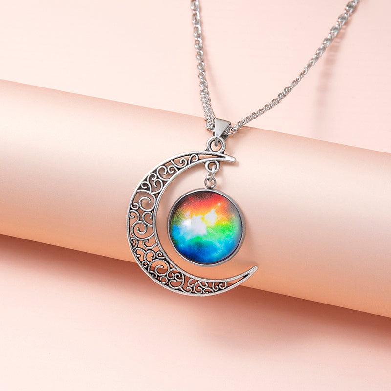 Galaxy Planet Star Glass Necklace Silver Hollow Moon Pendant Statement Necklaces For Women