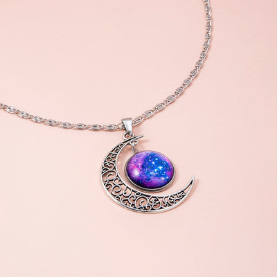 Galaxy Planet Star Glass Necklace Silver Hollow Moon Pendant Statement Necklaces For Women