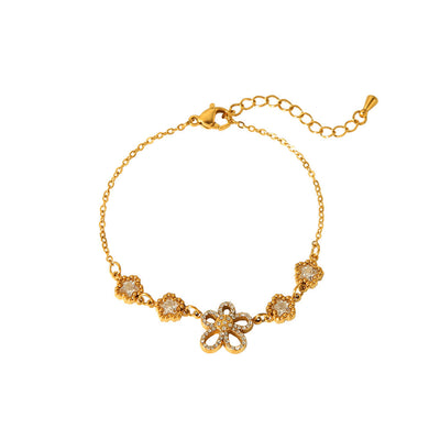 Fashion 18K Gold Plated Stainless Steel Inlaid Zircon Flower Bracelet